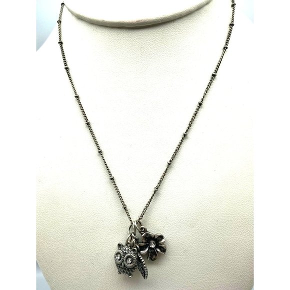 Vintage VCLM Silver Tone Chain Charms Necklace, Owl, Flower, Leaf - Picture 1 of 4
